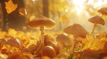  A group of mushrooms atop a lush, green forest floor, strewn with golden leaves Nearby, an expanse of orange and yellow leaves blankets another forest segment under the