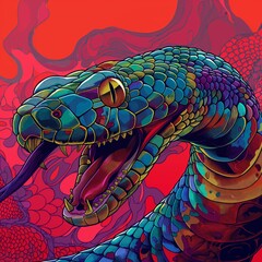 Wall Mural - Vibrant Artwork of a Colorful Snake Amidst Jungle Foliage