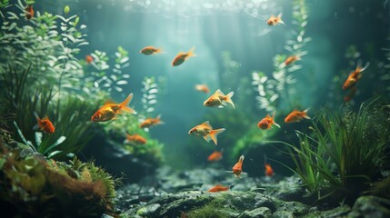 A tranquil underwater scene of a goldfish tank with soft lighting and peaceful ambiance, providing a soothing retreat from the hustle and bustle of daily life.