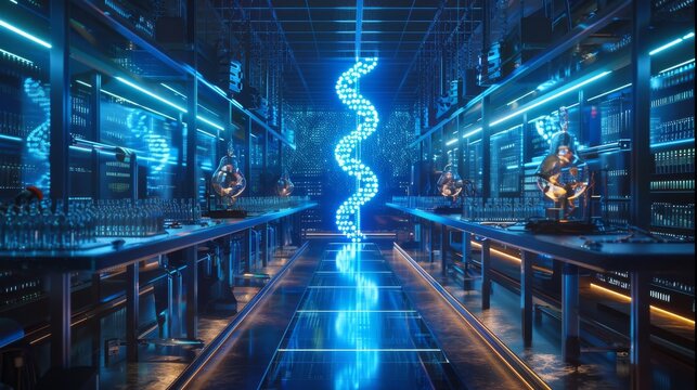 The image is a science fiction illustration of a laboratory with a glowing blue double helix in the center