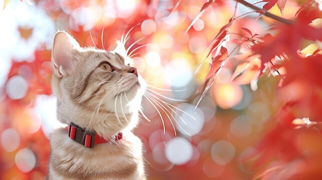 A tight shot of a feline with a scarlet collar gazing upward at a tree The tree sports crimson foliage in both the foreground and slightly blurred background
