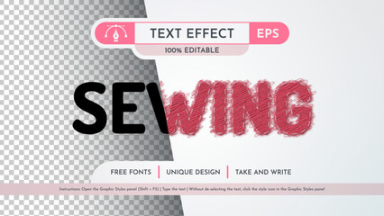 sewing thread text effect, graphic style. vector mockup and template. slogan and brand company.