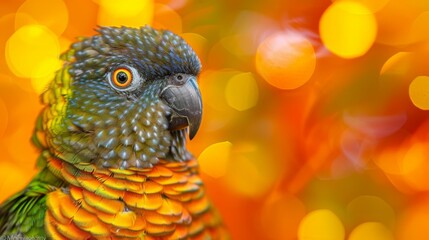  A tight shot of a vibrant bird against a softly blurred backdrop The foreground features a hazy bokeh of lights, while the background exhibits a similarly blurred bo