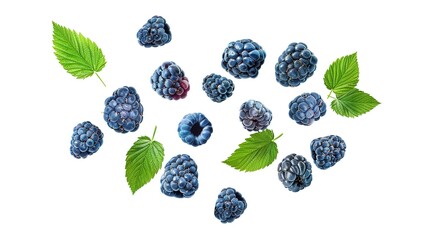 Wall Mural - Scattered fresh blackberries with bright leaves on a white background