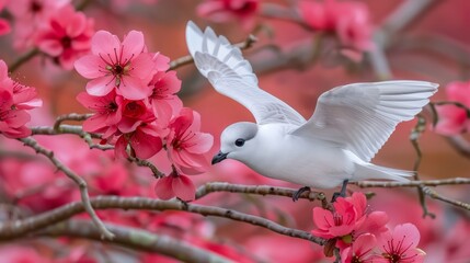 Wall Mural -  A white bird sits atop a branch, surrounded by pink flowers in the foreground In the backdrop, another tree laden with similar pink blossoms