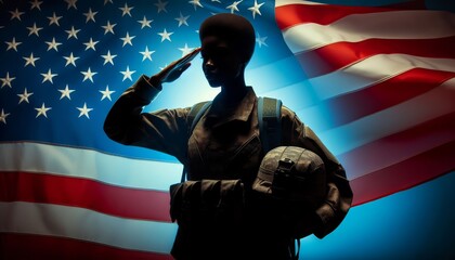 African American female soldier saluting US flag - A uniformed figure in silhouette giving a salute to the American flag with a blue moody backdrop