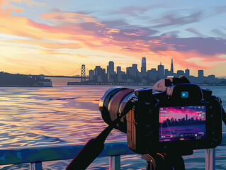 A camera is pointed at a city skyline and the water