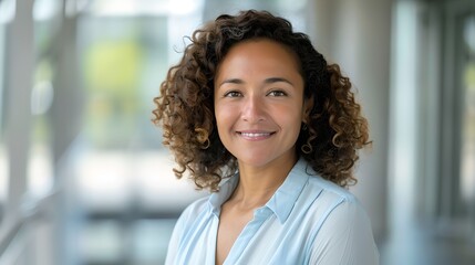 Poster - Confident woman smiling in a bright office setting. Professional and friendly portrait for business. AI