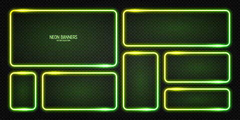 Wall Mural - glowing neon banners, illuminated colorful square frames. shiny vibrant border, glow effect. green v