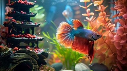An ornate betta fish tank adorned with colorful decorations and live plants, providing a serene and natural habitat for these majestic fish.