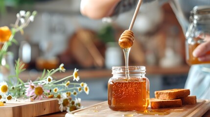 Poster - Pouring Honey into Jar on Wooden Table with Flowers. Rustic kitchen setup. Perfect for cooking blogs or product ads. AI