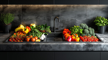 Wall Mural - Fresh fruit being washed at the tap in a modern kitchen. Concept of cleanliness and healthy eating.