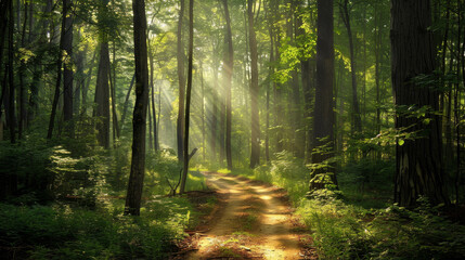 Wall Mural - A forest path with sunlight shining through the trees