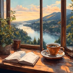 Poster - AI generated illustration of a cup of coffee by the window with a view