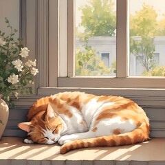 Sticker - AI generated illustration of a cat sleeping by a window with warm sunlight on a quiet afternoon