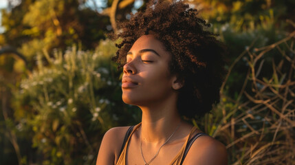 Wall Mural - A woman with curly hair is sitting in a field, looking up at the sky