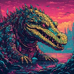 Wall Mural - AI generated illustration of a crocodile robot in the dystopian world with oriental elements