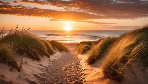 sand path to north sea coast at sunset