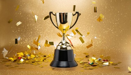 Wall Mural - front view golden trophy with confetti isolated on gold background