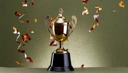 Wall Mural - front view golden trophy with confetti isolated on gold background