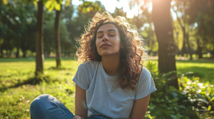 Wall Mural - A woman with curly hair is sitting in a park, looking at the camera