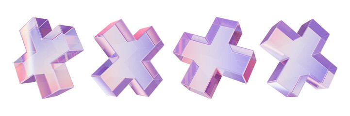 Wall Mural - 3D glass cross icon set, gradient plus crystal render collection, holographic abstract figure kit. Modern pharmacy medical help sign, retro futuristic transparent material objects. Glass cross clipart
