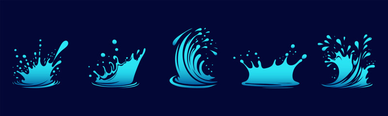 Wall Mural - Set of water wave splashes, falling aqua drops, sea or ocean waves. Blue water motion effects shape isolated on background, vector cartoon set