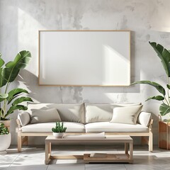 Art wall interior mockup in modern room, blank empty background with frame, picture artwork painting, design in style, decorative living with sofa, white floor furniture, home