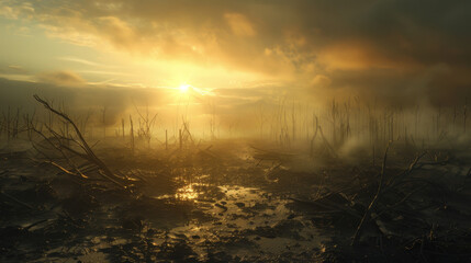 Wall Mural - A desolate landscape with a sun setting in the background