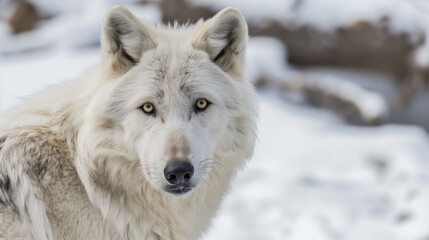 Wall Mural - A close-up portrait of an arctic wolf in the snow, showcasing its white fur and piercing eyes