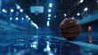 © Dinara - A basketball sits on a wet court under bright lights. The ball is orange and black and has a shiny surface.