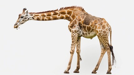 A stately giraffe with its long neck extended, patches of fur detailed in various shades of brown, isolated on solid white background,
