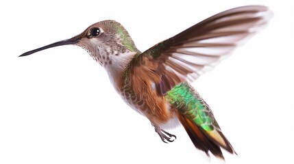 A tiny hummingbird hovering with wings a blur and beak extended, its iridescent feathers catching the light, isolated on solid white background,