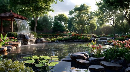 Wall Mural - A beautiful park with a pond, waterfall, and flowers