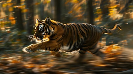 Poster - a tiger running through the woods at sunset with its mouth open