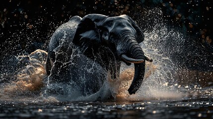 Poster - an elephant splashes water off its head into the river