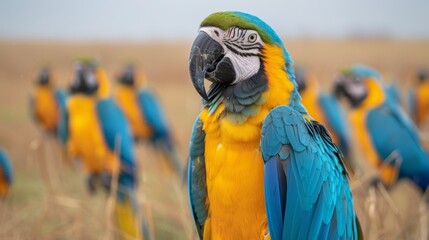 Wall Mural -  A group of blue-and-yellow macaws stands before a field of brown grass, against a backdrop of a blue sky