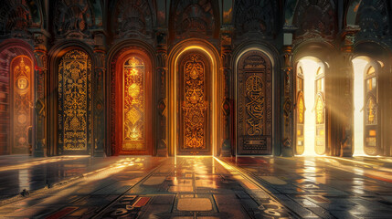 Wall Mural - A series of doors with gold trim and a light shining through one of them