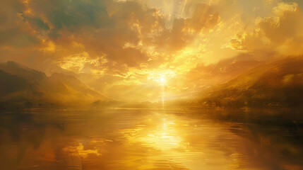 Wall Mural - A painting of a sun setting over a lake with mountains in the background