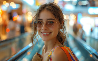 Wall Mural - A woman wearing sunglasses and a colorful dress is smiling at the camera. She is standing in a mall, possibly shopping, and she is enjoying herself