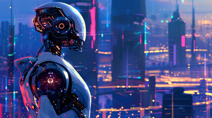 Wall Mural - A robot stands in front of a cityscape with a futuristic look. The robot is surrounded by a city with tall buildings and lights. Scene is futuristic and technological