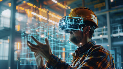 Wall Mural - A man is wearing a virtual reality headset and is interacting with a city in a virtual environment. Concept of excitement and wonder as the man explores the digital world