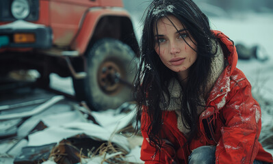 Wall Mural - A woman in a red jacket is sitting in the snow. She has long hair and is wearing a scarf. The scene is set in a desolate area with a truck in the background