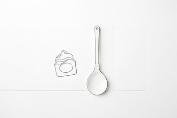 Wall Mural - White Spoon and Ice Cream Cone Line Drawing on White Background