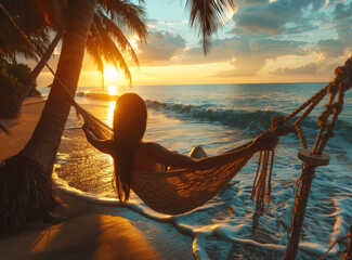 Wall Mural - A woman is relaxing on a hammock on a beach. The sun is setting in the background, creating a warm and peaceful atmosphere