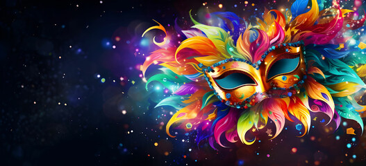 Bright multicolored carnival mask festival and entertainment concept space for text