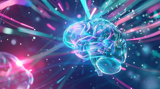 A glowing brain illustration with neon lights and abstract speed lines on a dynamic background, symbolizing cognitive processes and innovation in science. 