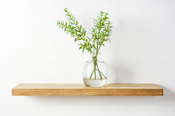 Poster - Minimalist Wooden Shelf with Green Plant in Glass Vase