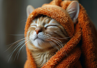 Poster - A cat is wearing a towel and looking happy