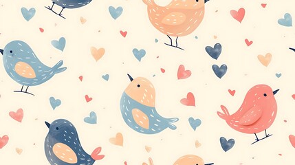 a seamless pattern of colorful, cute cartoon birds and hearts on a neutral background perfect for fa